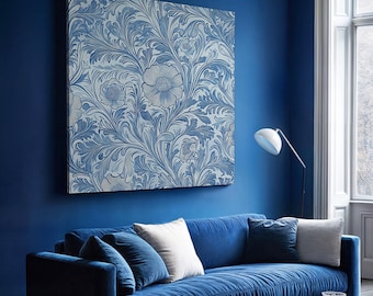 William Morris Style Blue Floral Wall Art, Square Framed Indigo Botanical Canvas Print