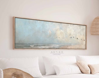 Minimalist Coastal Seascape Painting, Muted Beach Painting Framed Canvas Print, Long Horizontal Beach Wall Art, Panoramic Nautical Art