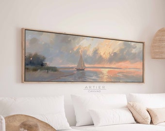 Segelboot Gemälde gerahmte Leinwand, Sonnenuntergang Küstenlandschaft Gemälde, Vanille Himmel lange horizontale Wandkunst, Panorama nautische Kunst