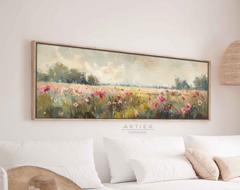 Wildblumen Feld Ölgemälde gerahmte Leinwand Wandkunst, lange horizontale Vintage Frühlingswiese Landschaft Leinwanddruck, Panorama Landschaft