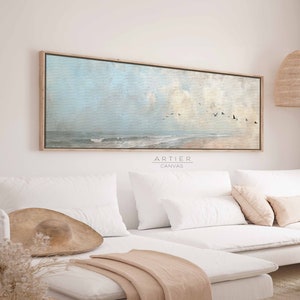Minimalist Coastal Seascape Painting, Muted Beach Painting Framed Canvas Print, Long Horizontal Beach Wall Art, Panoramic Nautical Art