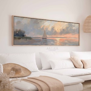 Sunset Coastal Seascape Wall Art, Sailboat Framed Canvas Print, Vanilla Sky Long Horizontal Wall Art, Panoramic Nautical Art
