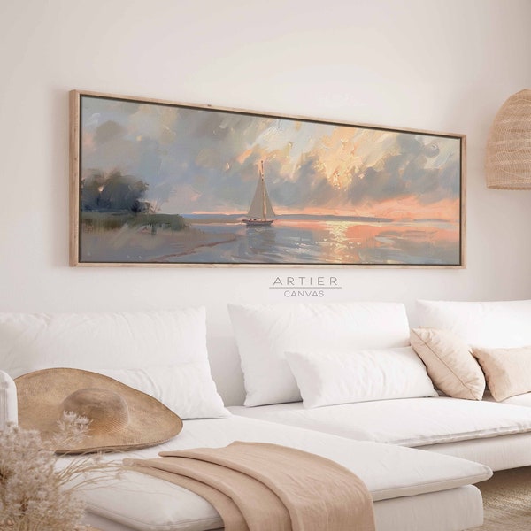 Sailboat Painting Framed Canvas Print, Sunset Coastal Seascape Painting,  Vanilla Sky Long Horizontal Wall Art, Panoramic Nautical Art