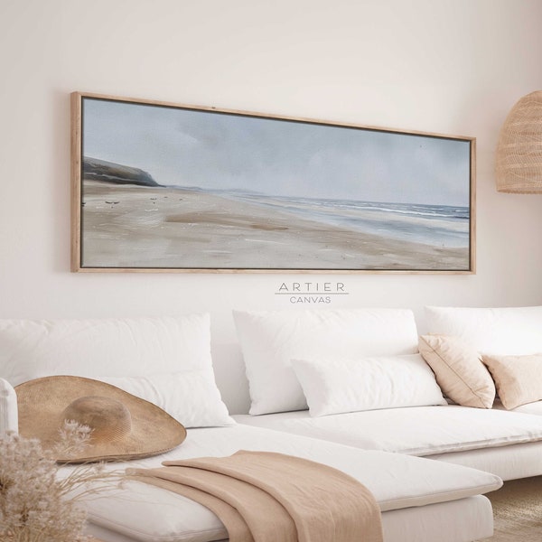 Minimalist Coastal Seascape Painting, Muted Beach Painting Framed Canvas Print, Long Horizontal Beach Wall Art, Panoramic Nautical Art