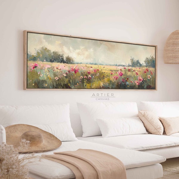 Wildblumen Feld Ölgemälde gerahmte Leinwand Wandkunst, lange horizontale Vintage Frühlingswiese Landschaft Leinwanddruck, Panorama Landschaft