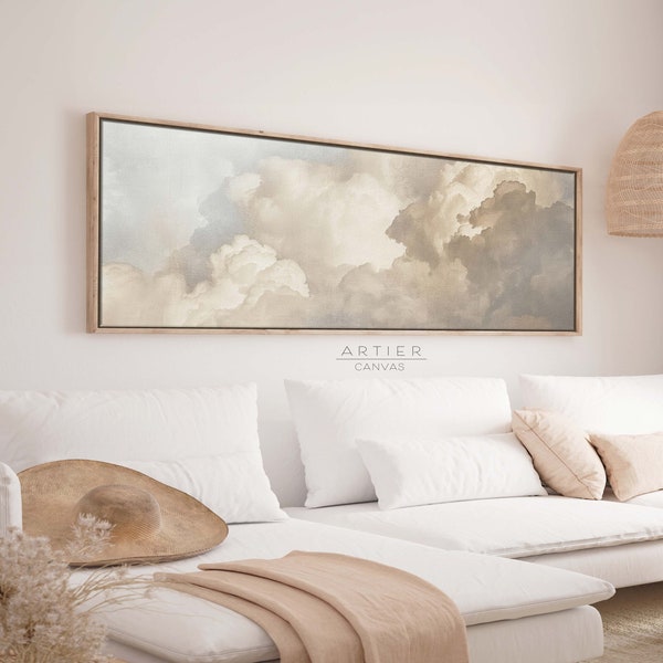 Impresión de lienzo enmarcado de cielo nublado cambiante, cielo pacífico horizontal largo, arte panorámico de pared de nube serena vintage, listo para colgar