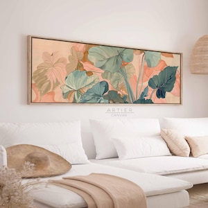Panoramic Floral Framed Canvas Wall Art Print, Long Horizontal Botanical Canvas Print, Panoramic Colorful Leaves, Above Bed Decor