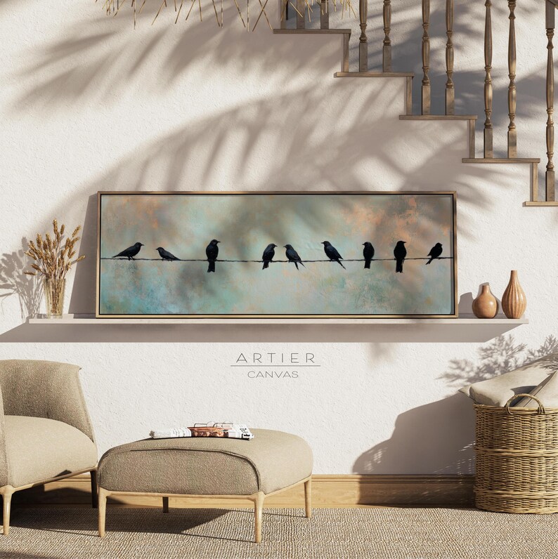 Mid Century Modern Birds on Wire Canvas Print: Framed Wall Art - Etsy ...