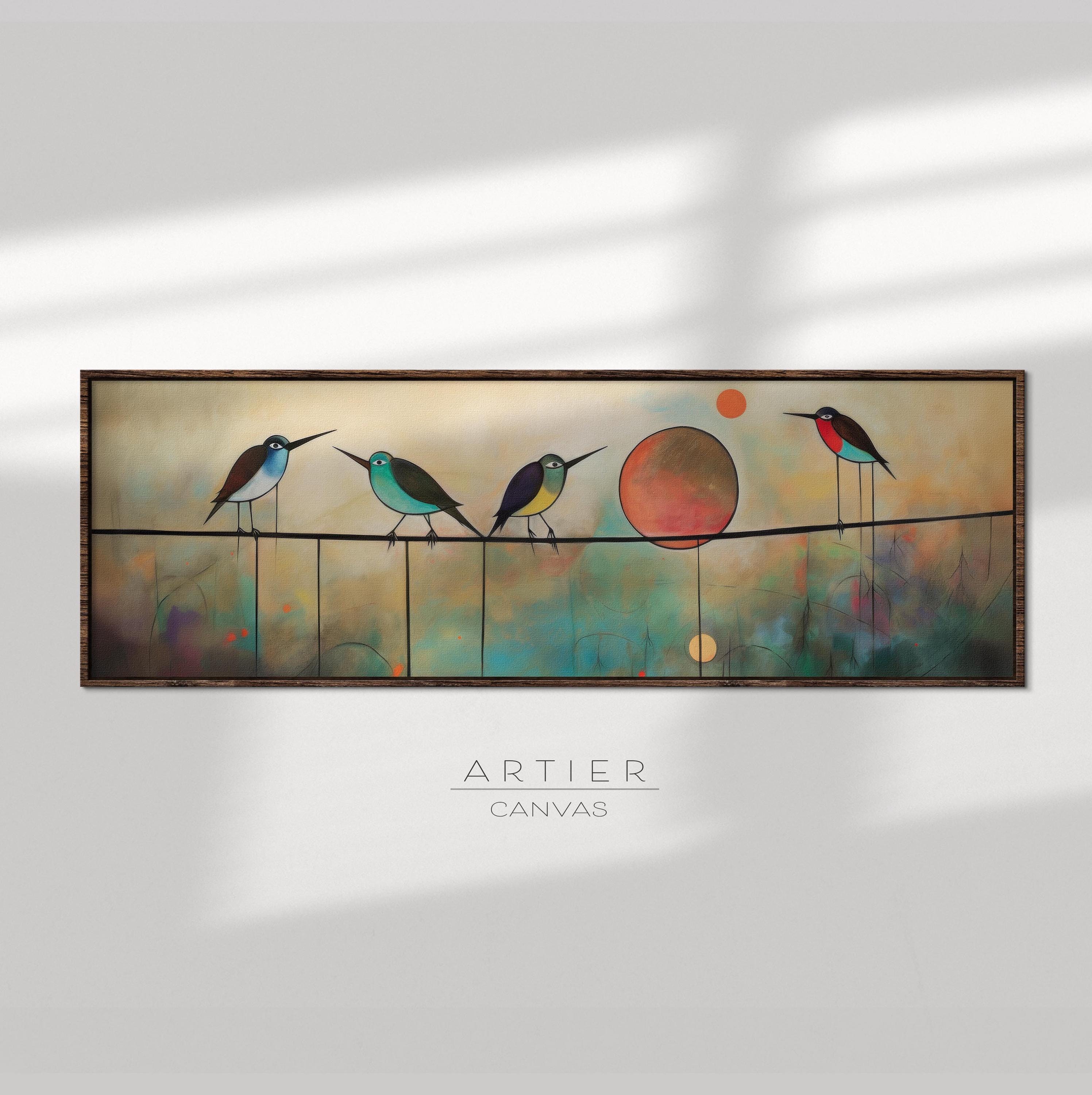 Mid Century Modern Birds on Wire Framed Canvas Print: Horizontal Wall ...