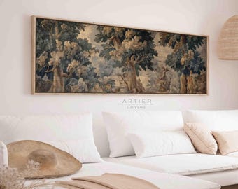 Framed Antique European Forest Tapestry Canvas Print, Vintage Textile Wall Art, Long Horizontal Wall Art, Long Narrow Spring Landscape