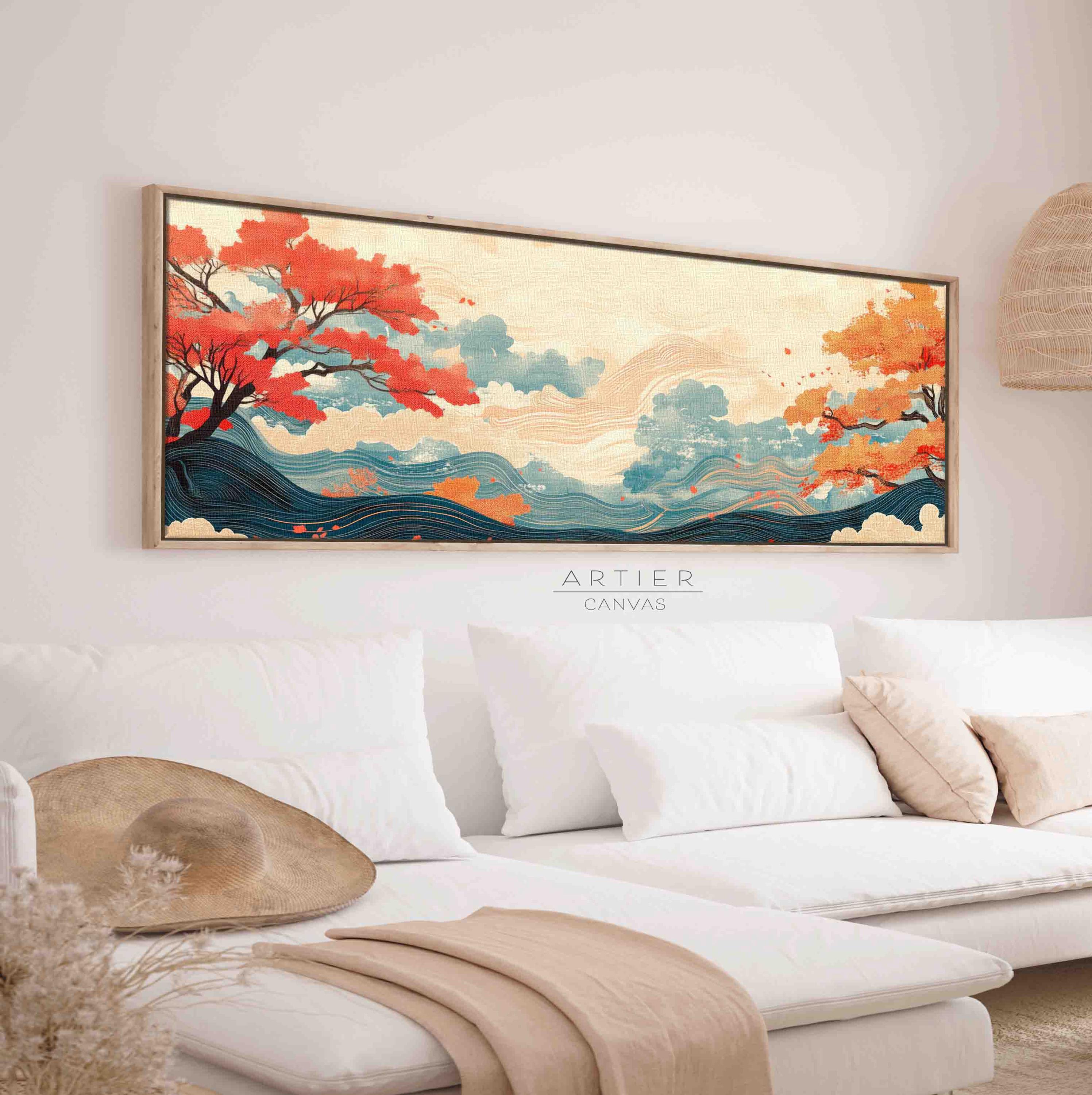 Framed Japanese Landscape Canvas Print, Long Horizontal Floral