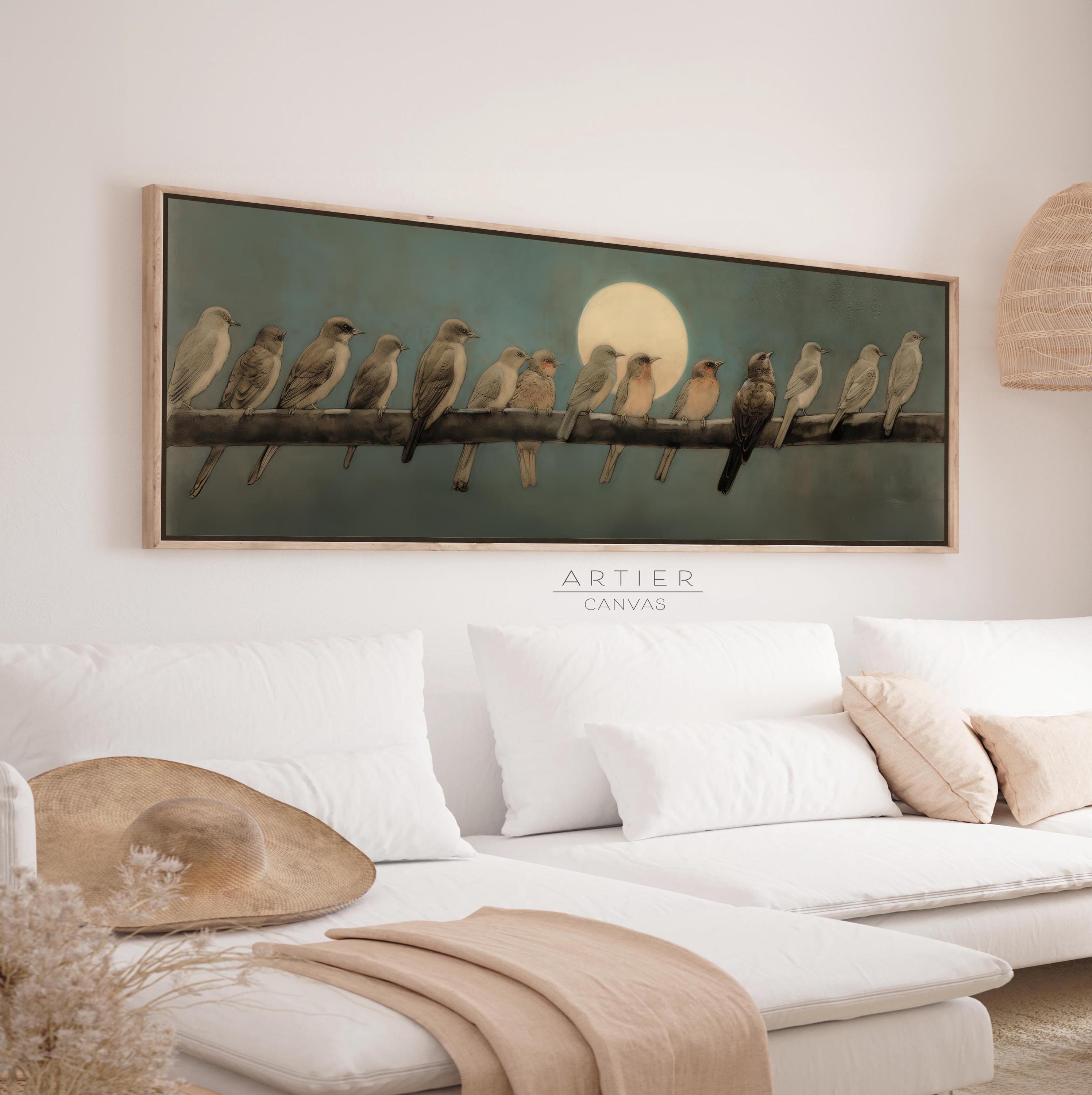 Mid Century Modern Birds on Wire Canvas Print: Full Moon Wall Art - Etsy