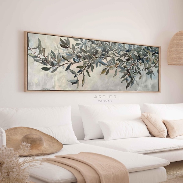 Olive Branch Framed Canvas Print, Long Horizontal Green Wall Art