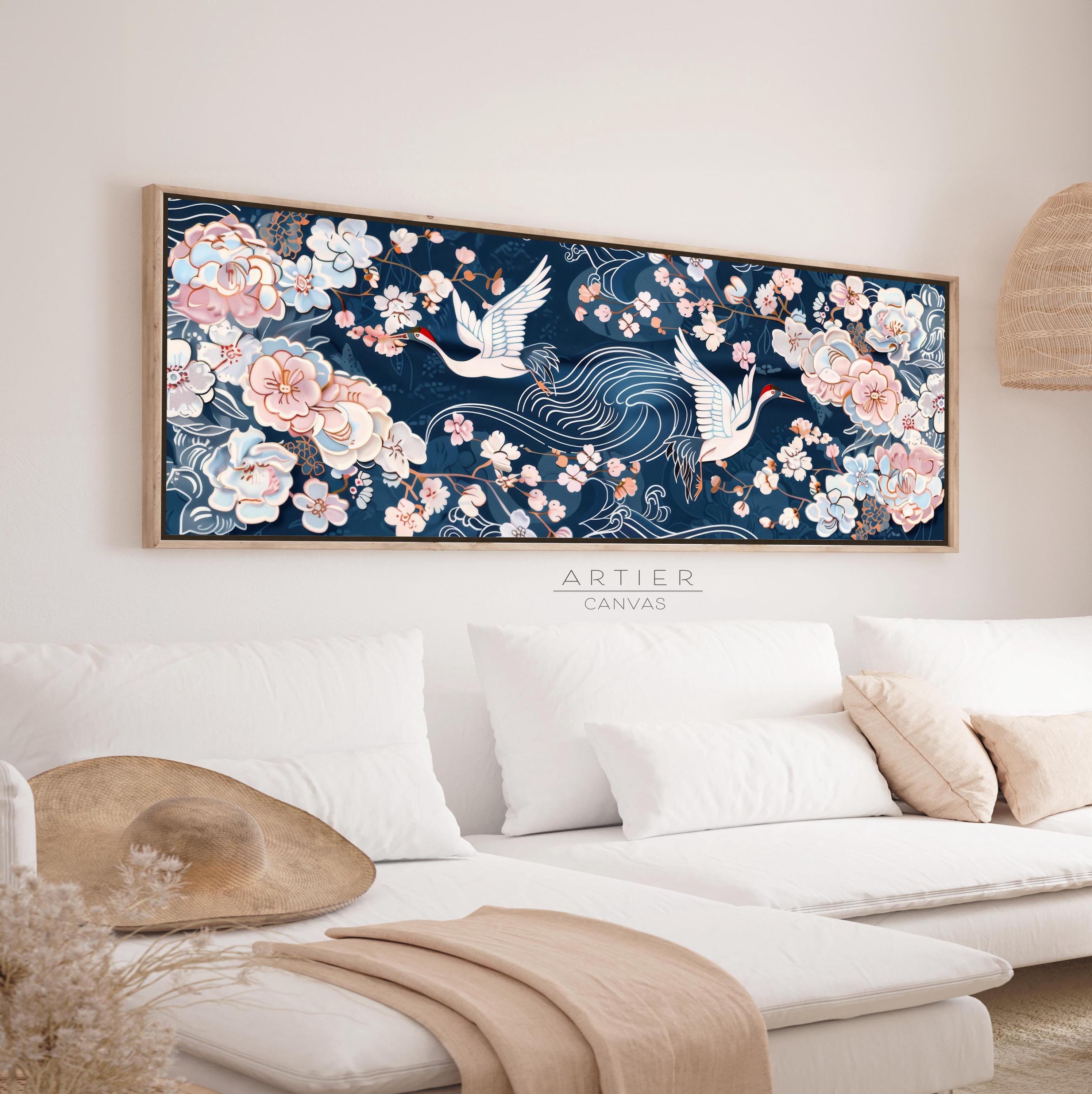 Chinoiserie Panoramic Wall Art, Japanese Crane & Cherry Blossom