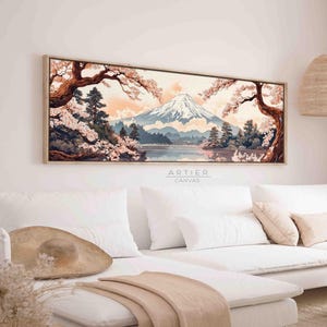 Framed Japanese Seascape Canvas Print: Lakeside Mountain Reflection