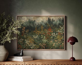 Lienzo de bosque melancólico con flores silvestres y pinos, pintura al óleo vintage de Dark Academia Nature