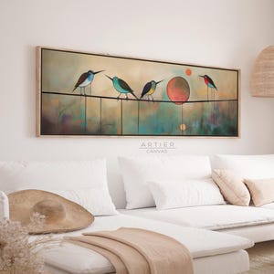 Mid Century Modern Birds On Wire Framed Canvas Print: Horizontal Wall Art