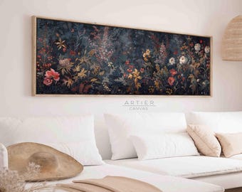 Panoramische bloemencanvas: donkere Academia-muurkunst met wilde bloemen