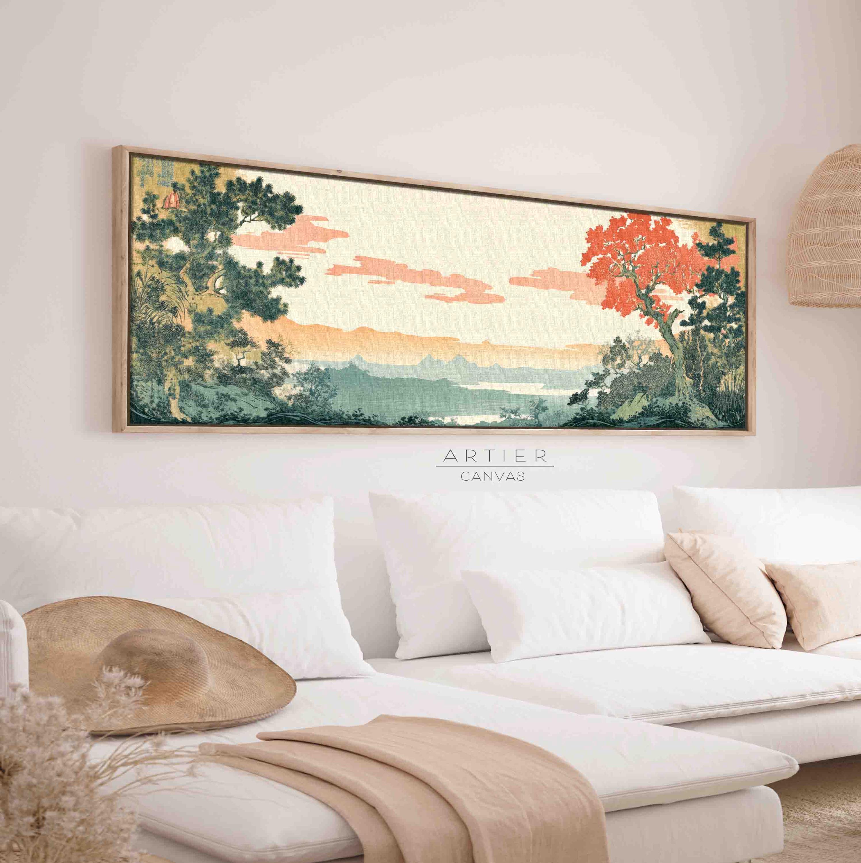 Framed Japanese Landscape Canvas Print: Long Floral Tapestry Wall Art ...