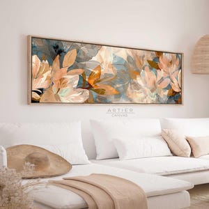 Panoramic Floral Framed Canvas Wall Art Print, Long Horizontal Botanical Canvas Print, Panoramic Colorful Leaves, Above Bed Decor
