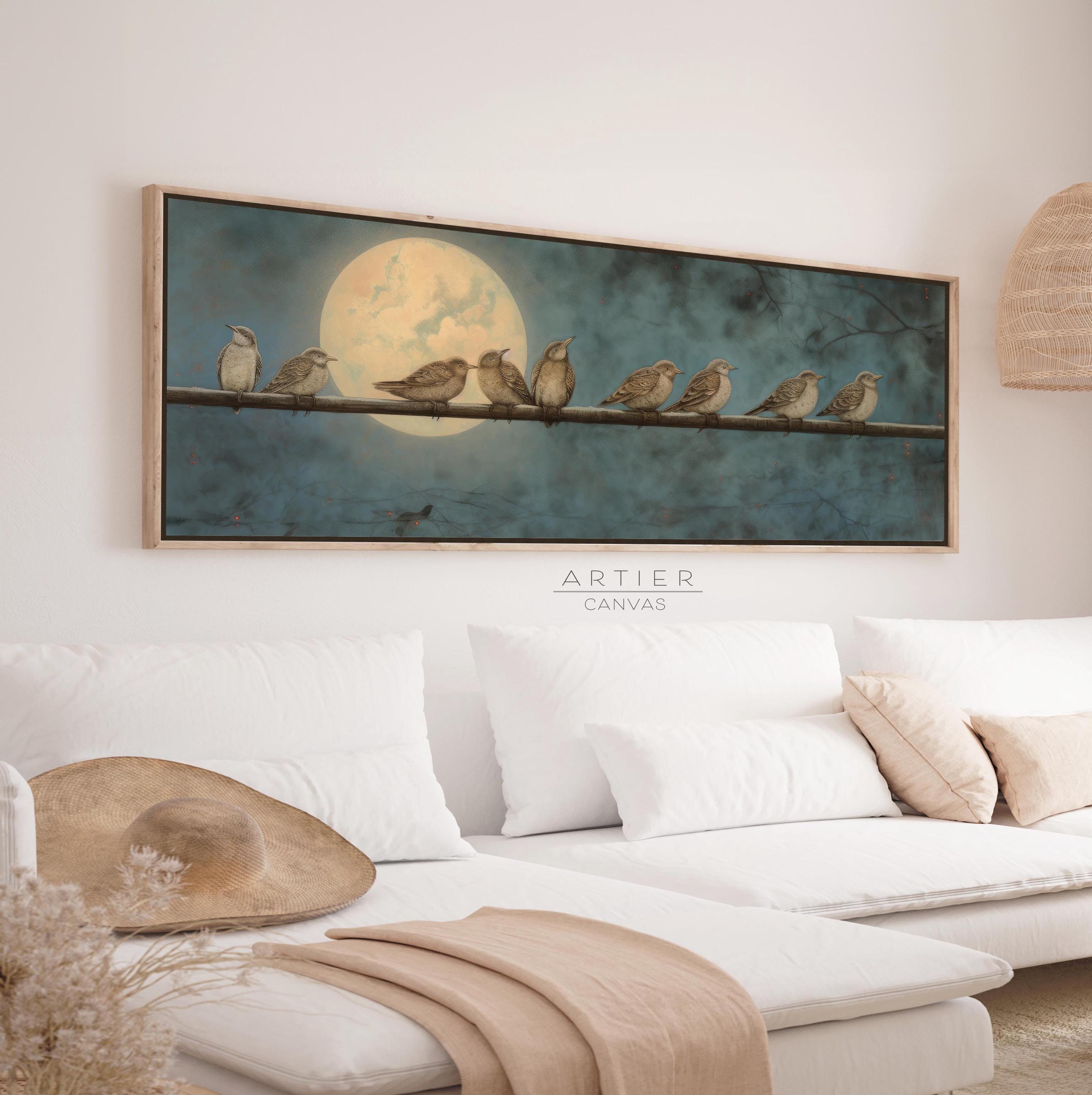 Mid Century Modern Birds on Wire Canvas Print - Framed Full Moon