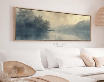 Impresión en lienzo enmarcada junto al lago, paisaje marino con árboles verdes vintage, arte mural panorámico