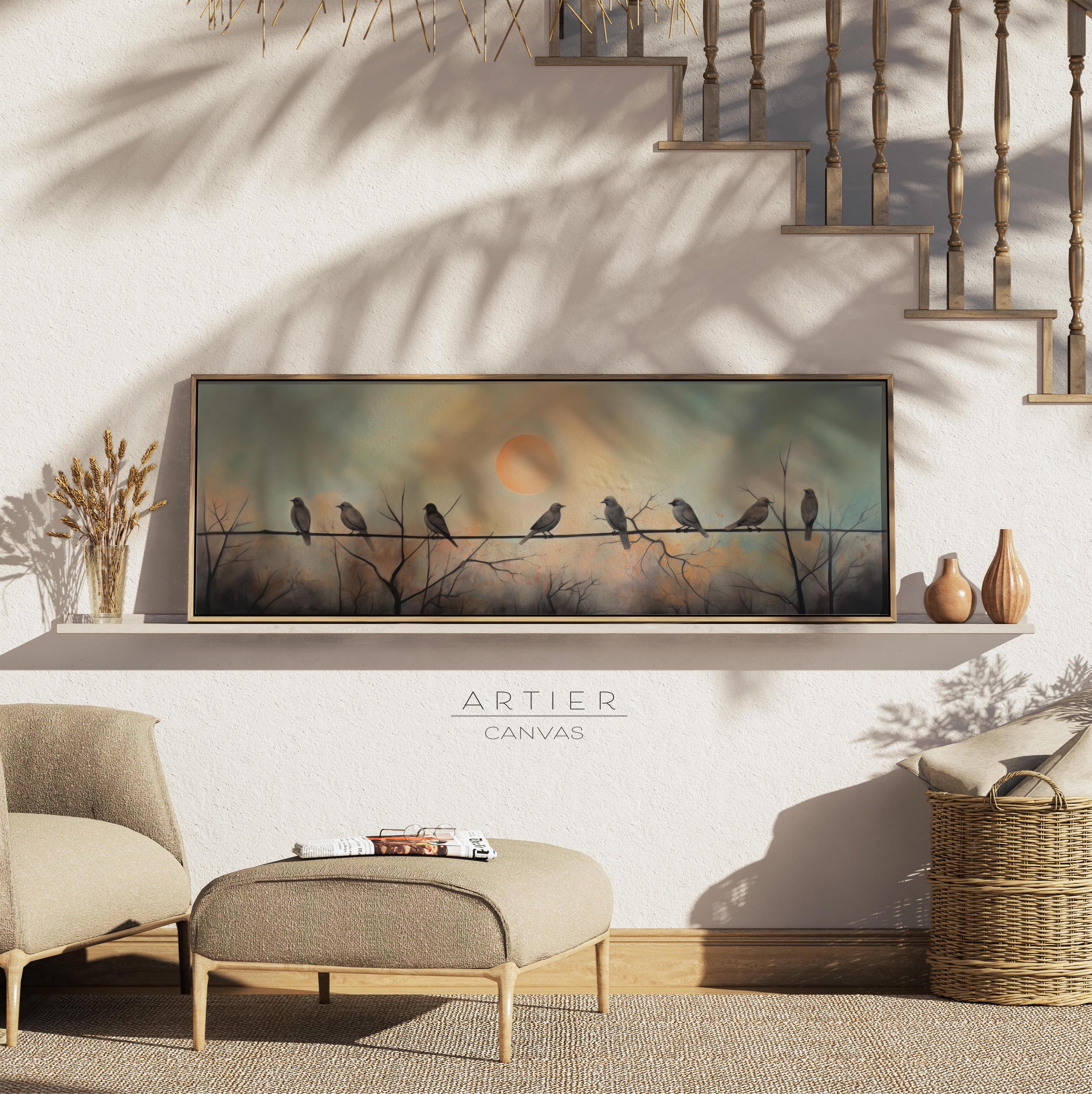 Mid Century Modern Birds on Wire Canvas Print: Full Moon Wall Art - Etsy