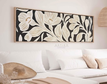 Panoramic Floral Framed Canvas Wall Art Print, Long Horizontal Botanical Canvas Print, Panoramic Colorful Leaves, Above Bed Decor