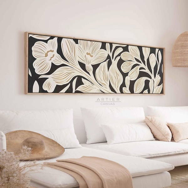 Impresión panorámica floral enmarcada en lienzo: arte botánico de pared de gran tamaño