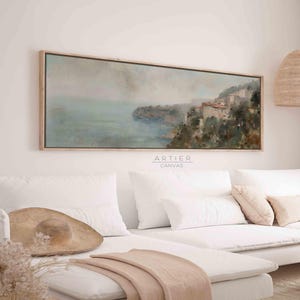 Stampa su tela con cornice vintage con paesaggio marino di città costiera smorzata, arte murale orizzontale lunga con paesaggio marino costiero neutro, arte nautica panoramica