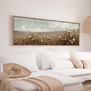 Vintage White Flowers Field Canvas Art: Long Horizontal Spring Meadow Print