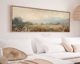 Wildflowers Field Framed Canvas Print: Vintage Spring Meadow Landscape