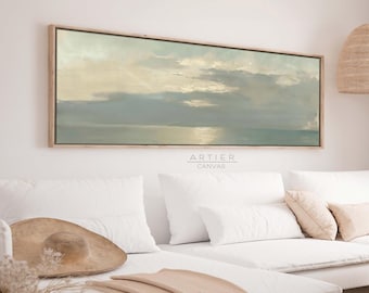 Panoramic Muted Sunset Horizon View Framed Canvas Print, Minimalist Coastal Seascape Painting, Long Horizontal Sea Wall Art, Nautical Art
