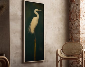 Elegant White Heron Painting Canvas Print, Dark Moody Vintage Bird Print