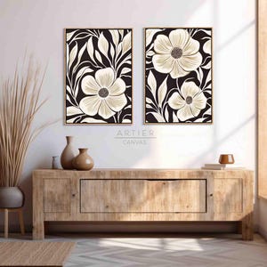 Abstract Floral Canvas Print Set: Beige & Black Botanical Art