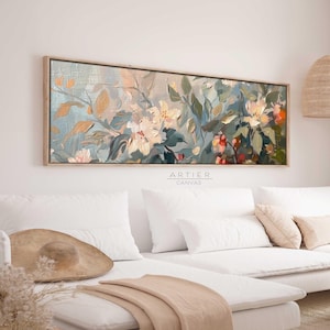 Panoramic Floral Framed Canvas Wall Art Print, Long Horizontal Botanical Canvas Print, Panoramic Colorful Leaves, Above Bed Decor