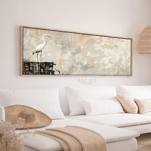 Japandi Holzschnitt-Stil Storch Wandkunst, Storch Landschaft gerahmte Leinwand Wand Kunst Druck, lange horizontale Vogel Landschaft Leinwanddruck