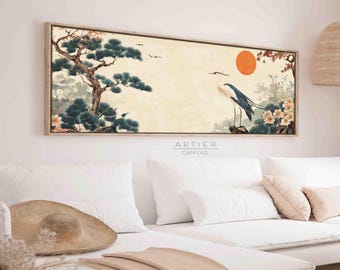 Framed Stork Sunset Canvas Print: Japanese Tapestry Landscape Wall Art