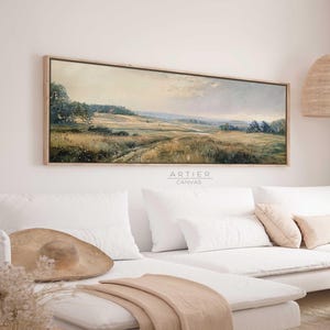 Art mural vintage Spring Meadow Country Landscape, longue décoration murale horizontale sur toile champ de fleurs sauvages, prête à accrocher