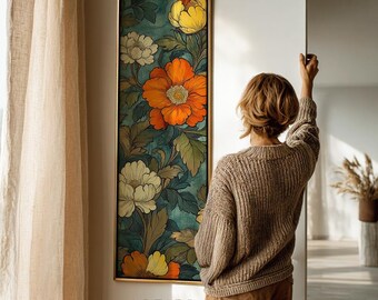Vintage Orange Floral Canvas Print, Moody Wildflower Wall Art, Maximalist Print