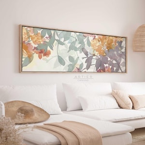 Panoramic Floral Framed Canvas Wall Art Print, Long Horizontal Botanical Canvas Print, Panoramic Colorful Leaves, Above Bed Decor