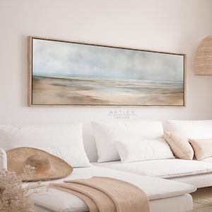 Minimalistische Küstenlandschaft Wandkunst, Gedämpfte Strandmalerei gerahmte Leinwanddruck, lange horizontale Strandwandkunst, Panorama-nautisches Wanddekor