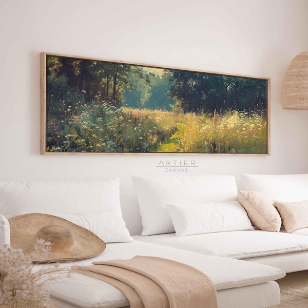 Vintage Spring Meadow Canvas Print: Long Horizontal Wildflower Field