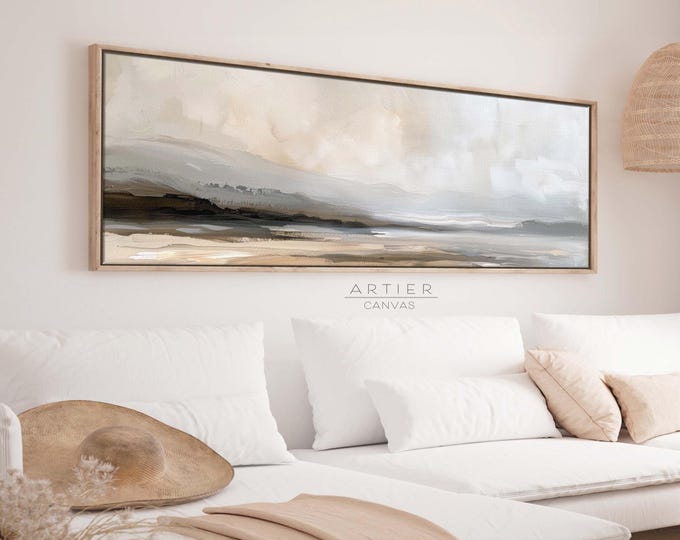 Muted Coastal Seascape Canvas Print, Long Panoramic Beach Wall Art ...