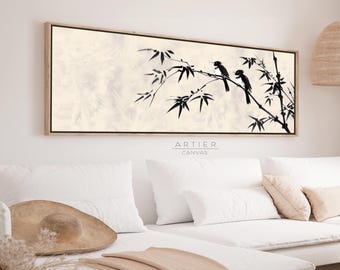 Japandi Panoramic Wall Art Print, Japanese Ink Painting of Birds