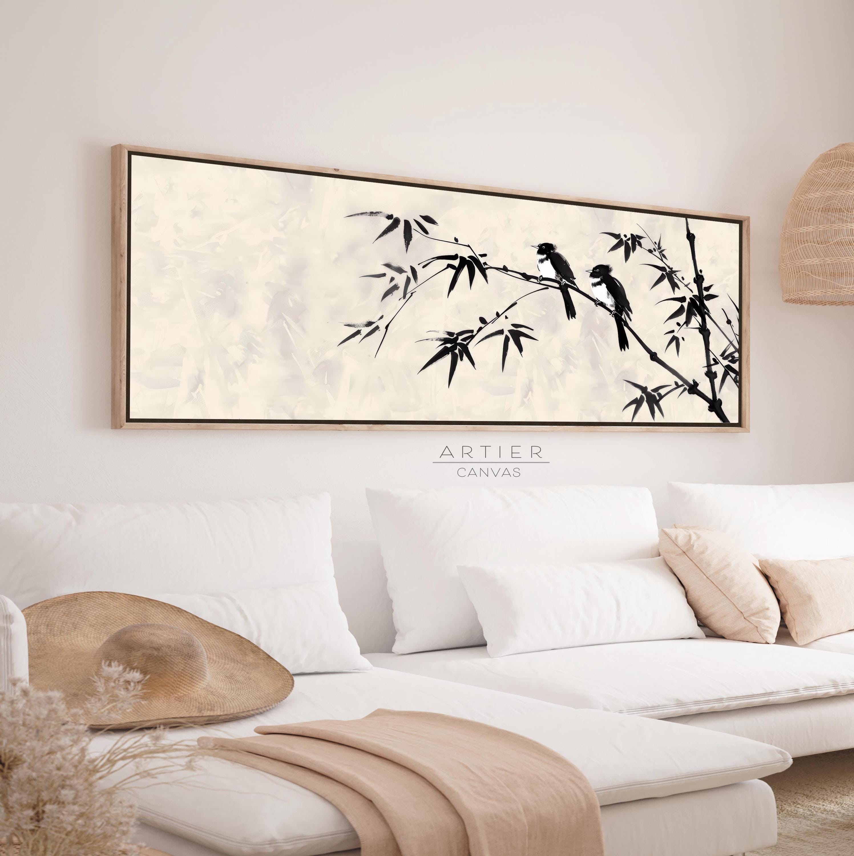 Japandi Panoramic Wall Art Print, Japanese Ink Painting of Birds