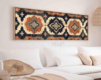 May include: Rectangular wall art with a geometric pattern in shades of navy, orange, and cream, framed in light wood. The artwork features a repeating design of stylized floral and geometric shapes. The text "ARTIER CANVAS" is visible on the artwork.