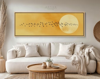 Lienzo decorativo Japandi con pájaros volando, estampado de luna llena amarilla