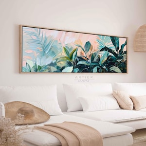 Panoramic Floral Framed Canvas Wall Art Print, Long Horizontal Botanical Canvas Print, Panoramic Colorful Leaves, Above Bed Decor