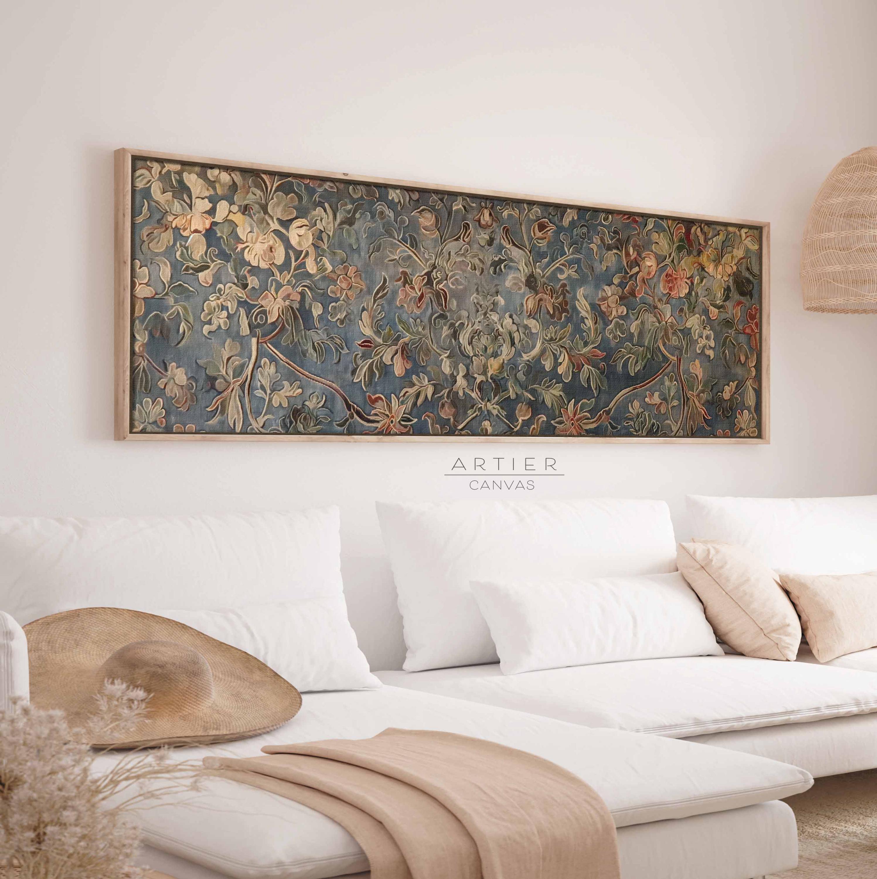 Framed Antique European Tapestry Canvas Print, Vintage Textile Wall Art, Long Horizontal Wall Art, Long Narrow Tapestry Spring Landscape